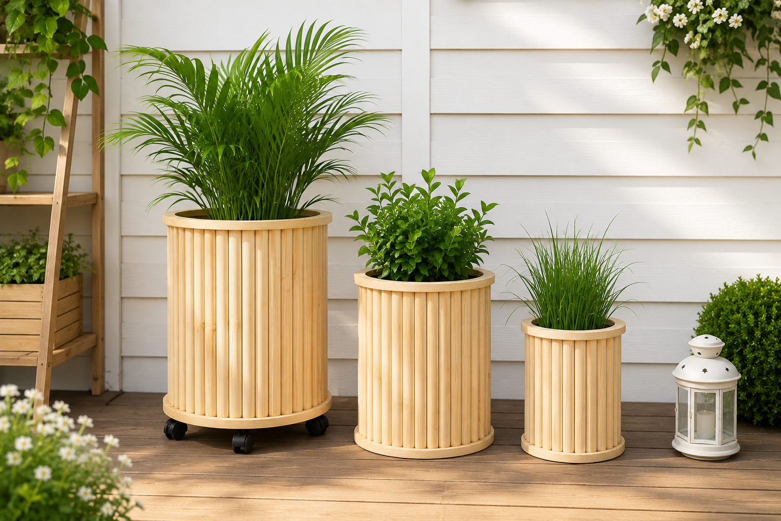 Set 3 Jardiniere Rotunde din Lemn – Pin Natural, Pentru Flori si Plante, 3 Dimensiuni, Cu Roti Pivotante la Jardiniera Mare - imagine 3