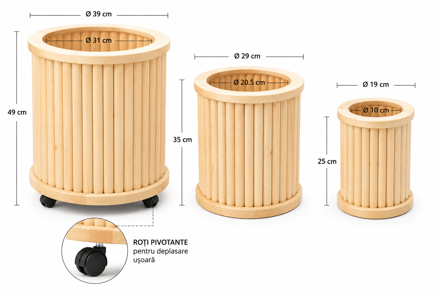 Set 3 Jardiniere Rotunde din Lemn – Pin Natural, Pentru Flori si Plante, 3 Dimensiuni, Cu Roti Pivotante la Jardiniera Mare - imagine 2