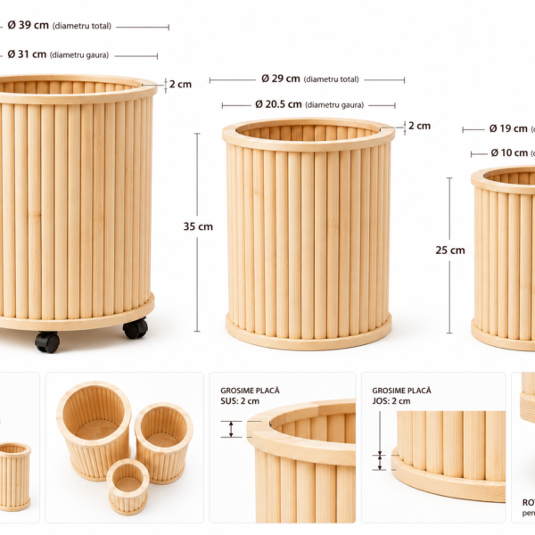 Set 3 Jardiniere Rotunde din Lemn – Pin Natural, Pentru Flori si Plante, 3 Dimensiuni, Cu Roti Pivotante la Jardiniera Mare