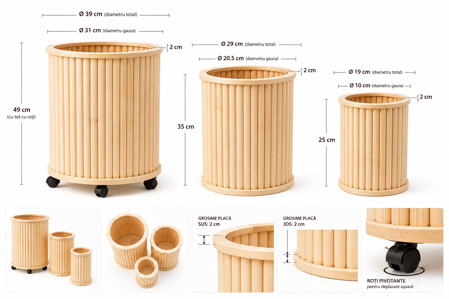 Set 3 Jardiniere Rotunde din Lemn – Pin Natural, Pentru Flori si Plante, 3 Dimensiuni, Cu Roti Pivotante la Jardiniera Mare