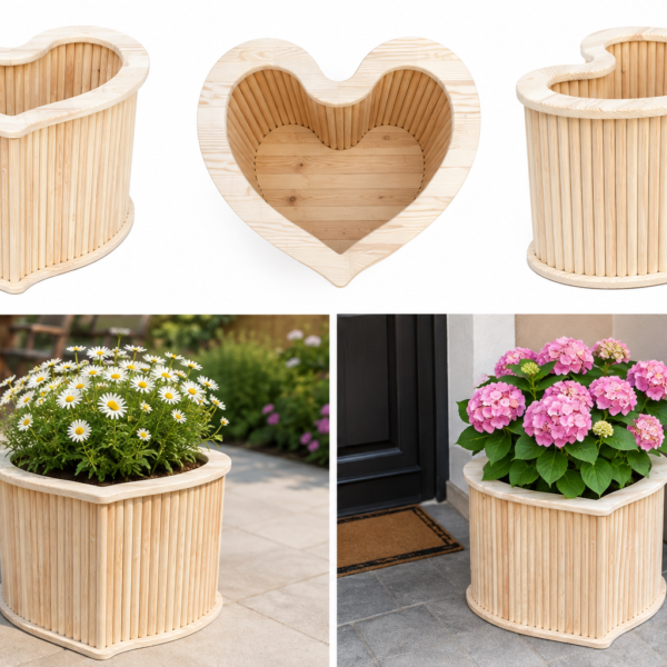 Ghiveci din lemn in forma de inima, din lemn masiv de pin, pentru flori si plante decorative, natur, decor gradina si terasa, cu roti