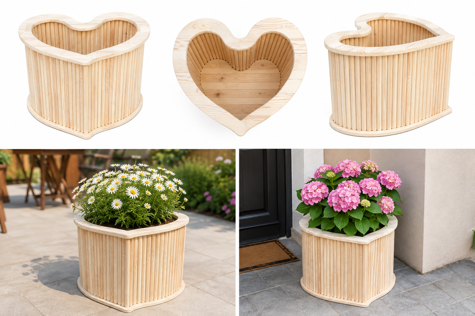 Ghiveci din lemn in forma de inima, din lemn masiv de pin, pentru flori si plante decorative, natur, decor gradina si terasa, cu roti