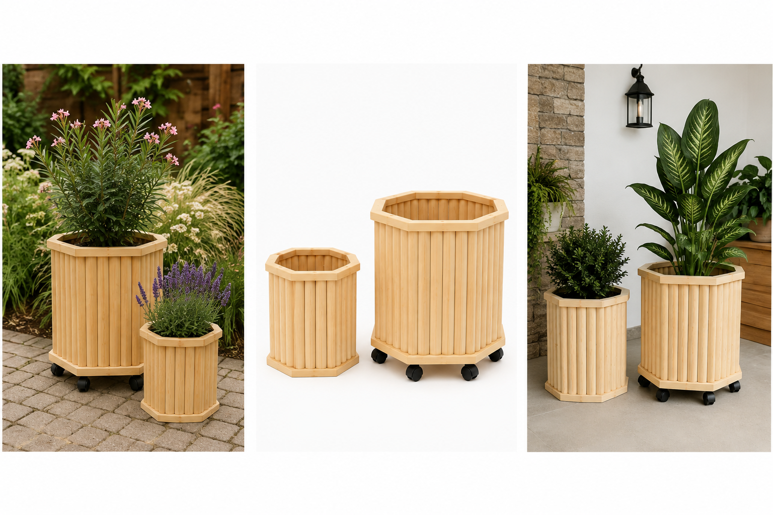 Set Jardiniere Hexagonale din Lemn Masiv de Pin – 2 Bucati – Natur - imagine 2