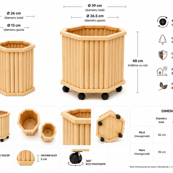 Set Jardiniere Hexagonale din Lemn Masiv de Pin – 2 Bucati – Natur