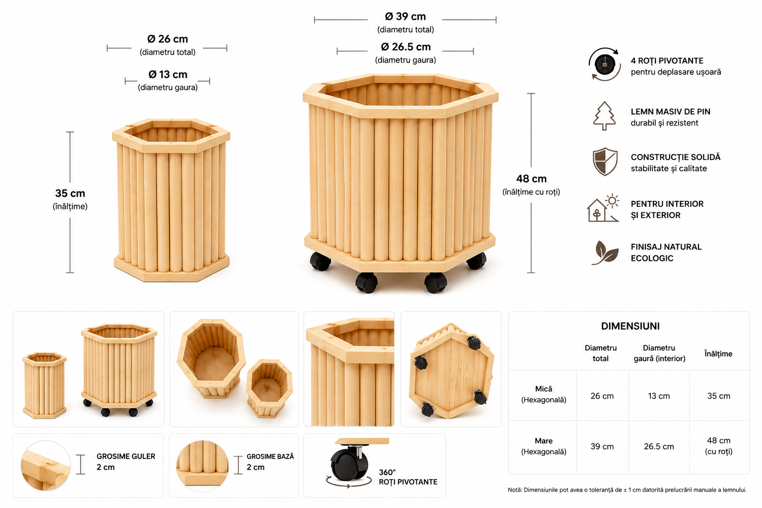 Set Jardiniere Hexagonale din Lemn Masiv de Pin – 2 Bucati – Natur